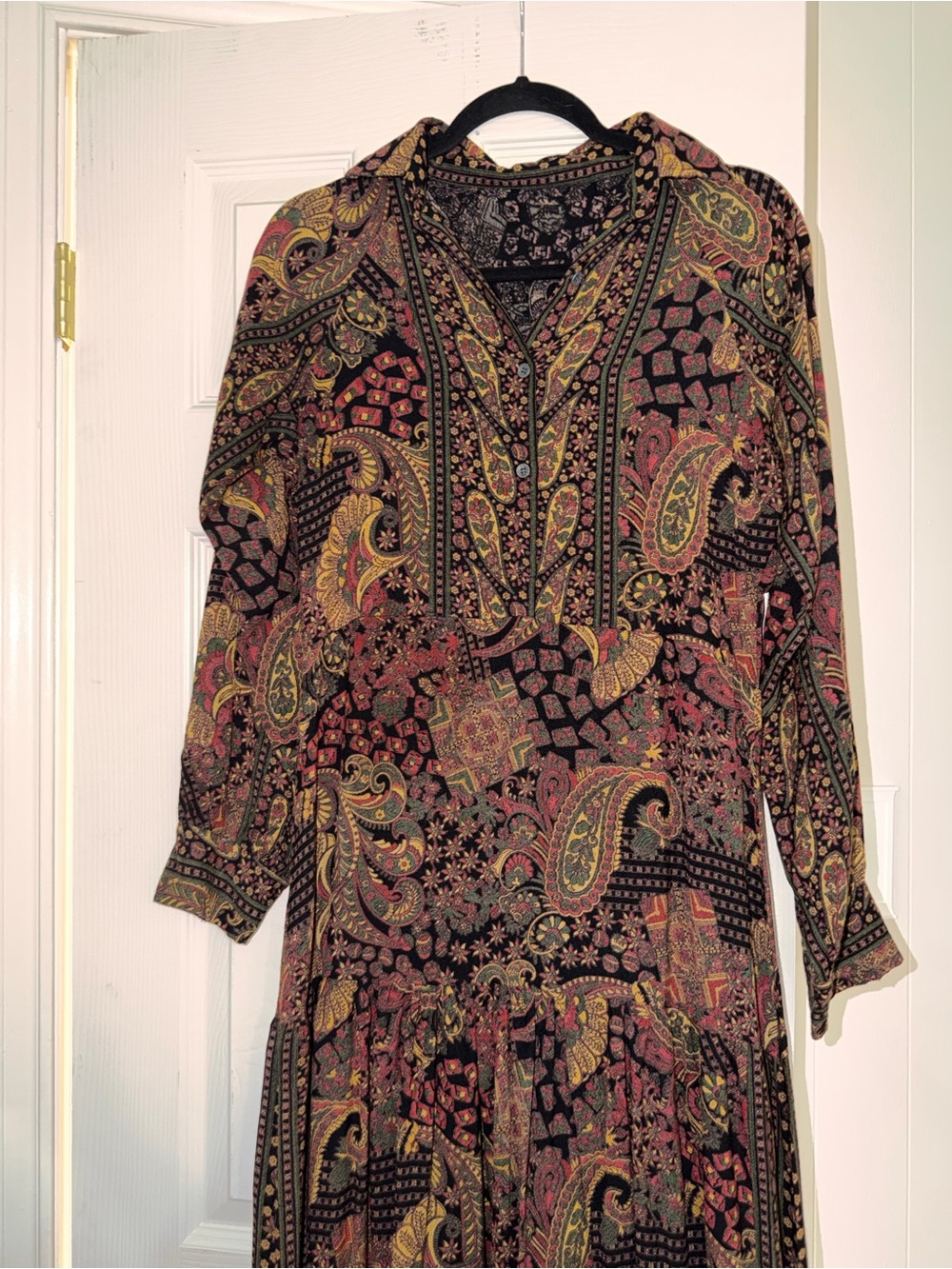 Paisley Print Long Sleeve Midi Dress - Black/Multi